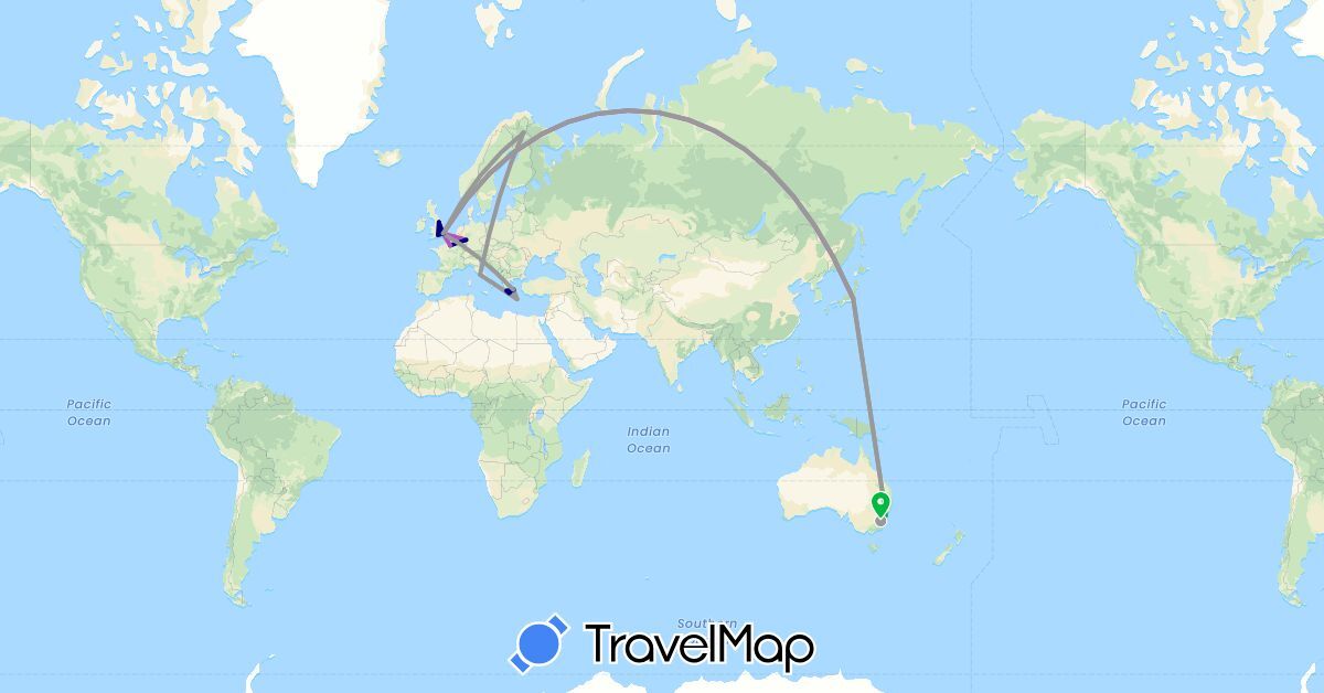 TravelMap itinerary: driving, bus, plane, train in Australia, Germany, Finland, France, United Kingdom, Greece, Italy, Japan (Asia, Europe, Oceania)